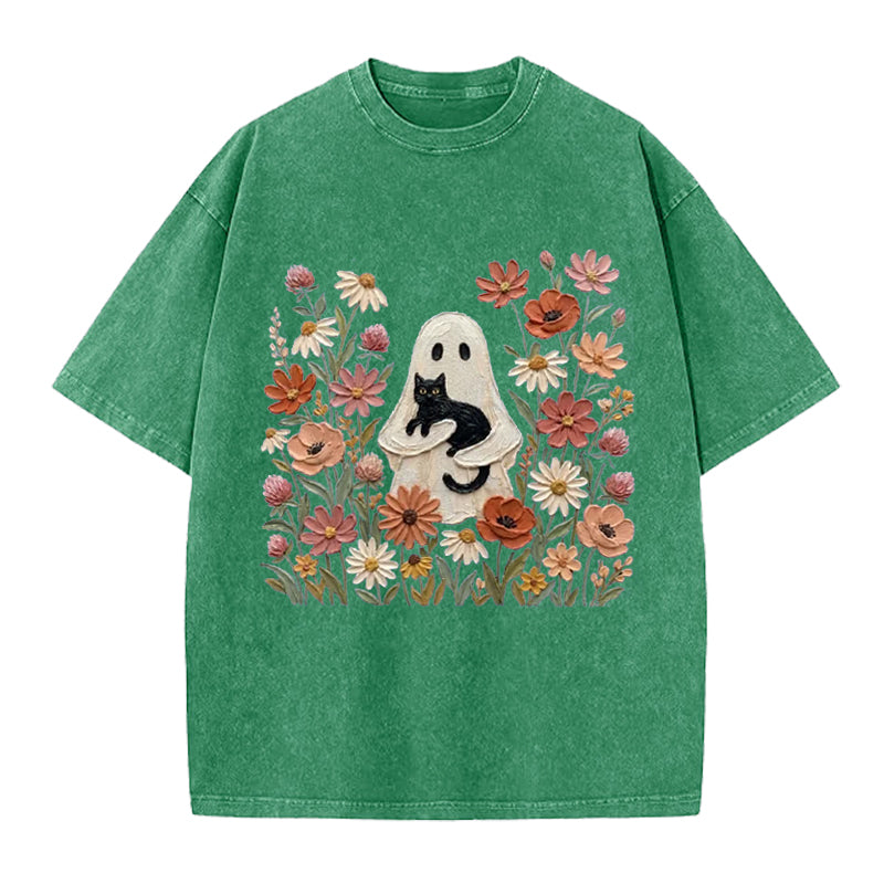 Black Cat Floral Ghost Washed Crew Neck T-Shirt