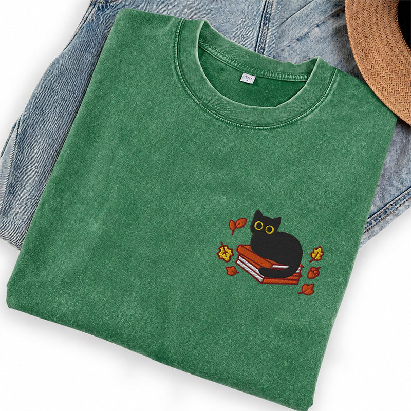 Embroidered Autumn Black Cat Book Washed Crew Neck T-Shirt
