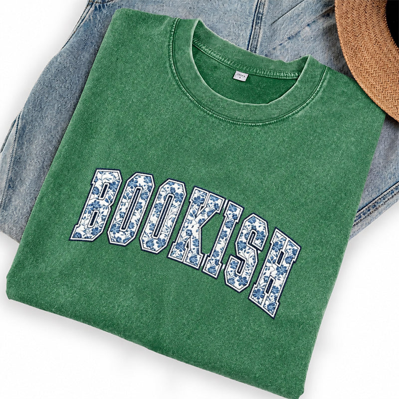 Embroidered Retro Bookish Washed Crew Neck T-Shirt