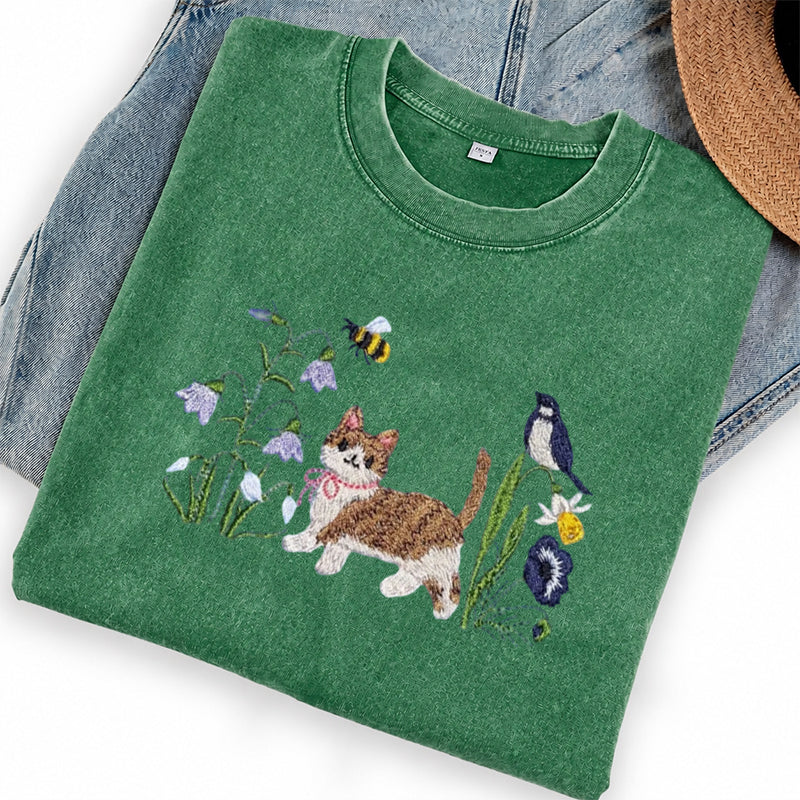 Embroidered Cat Wildflower Washed Crew Neck T-Shirt