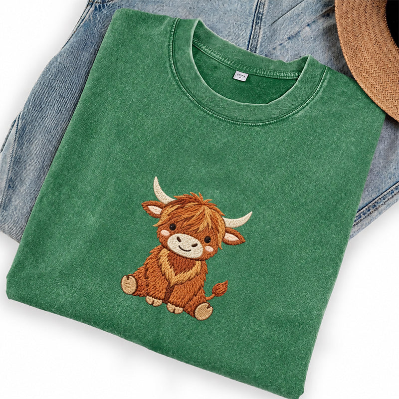 Embroidered Highland Cow Washed Crew Neck T-Shirt