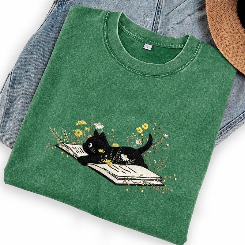 Embroidered Floral Book Cat Washed Crew Neck T-Shirt