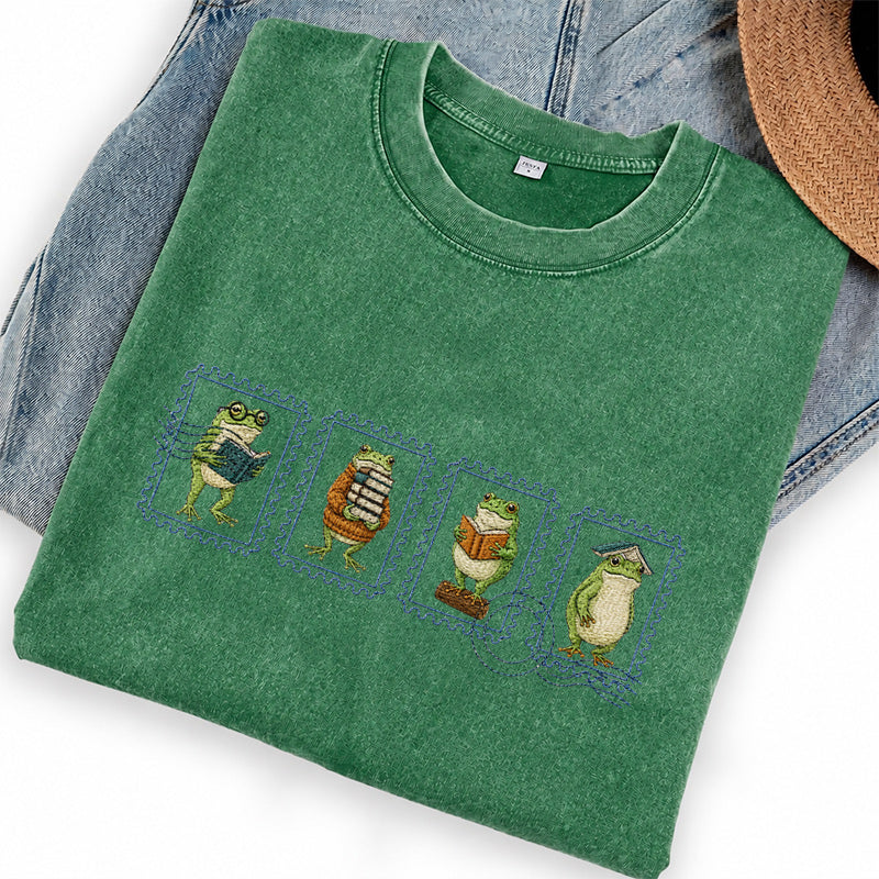 Embroidered Bookish Frog Stamp Washed Crew Neck T-Shirt