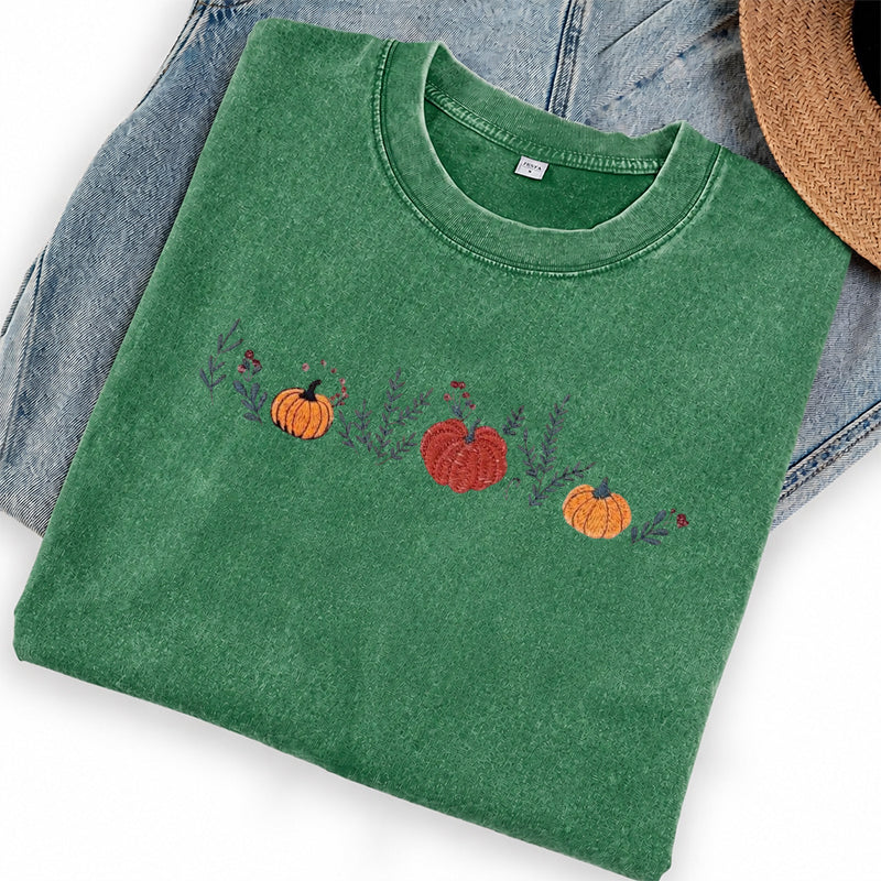 Embroidered Fall Enchanted Pumpkins Washed Crew Neck T-Shirt
