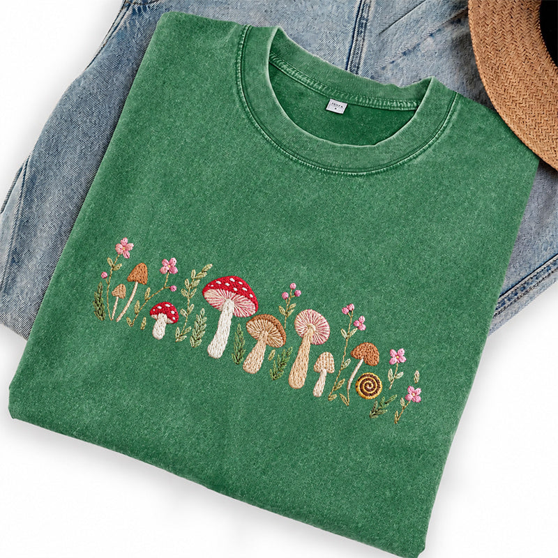 Embroidered Enchanted Mushroom Washed Crew Neck T-Shirt
