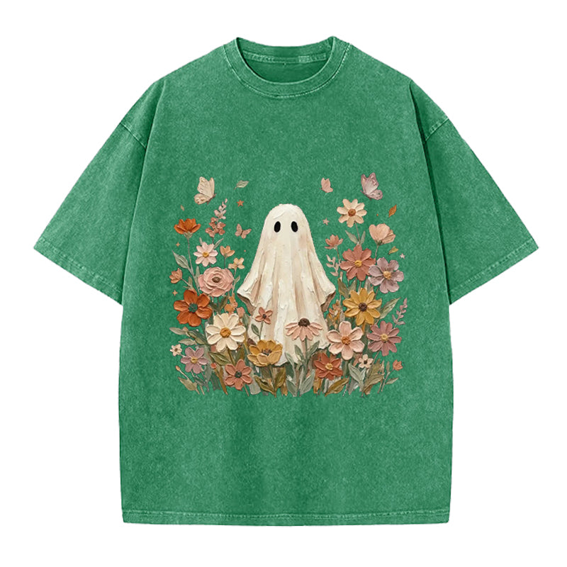 Vintage Ghost With Flowers Washed Crew Neck T-Shirt
