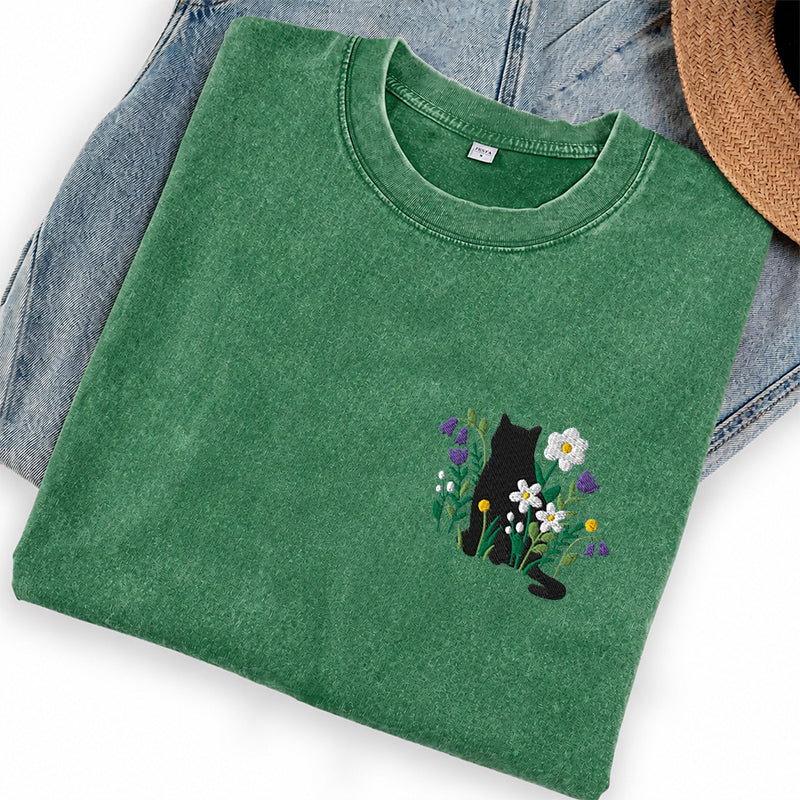 Embroidered Black Cat Cottagecore Washed Crew Neck T-Shirt