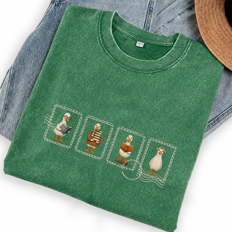 Embroidered Silly Goose Reading Washed Crew Neck T-Shirt