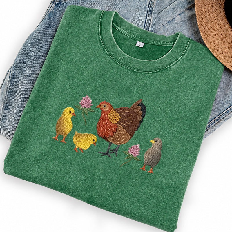 Embroidered Hen & Chicks Washed Crew Neck T-Shirt