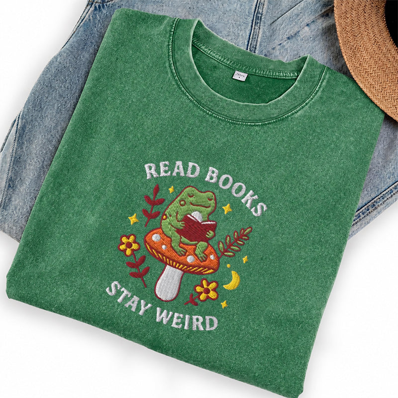 Embroidered Read Books Stay Weird Reading Frog Washed Crew Neck T-Shirt