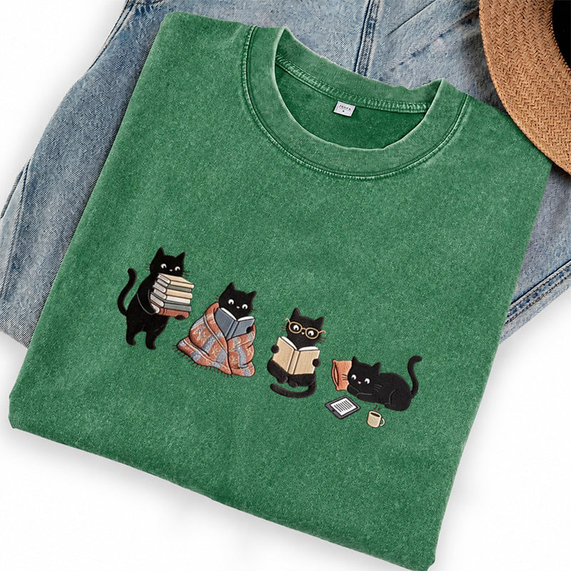 Embroidered Bookish Black Cats Washed Crew Neck T-Shirt