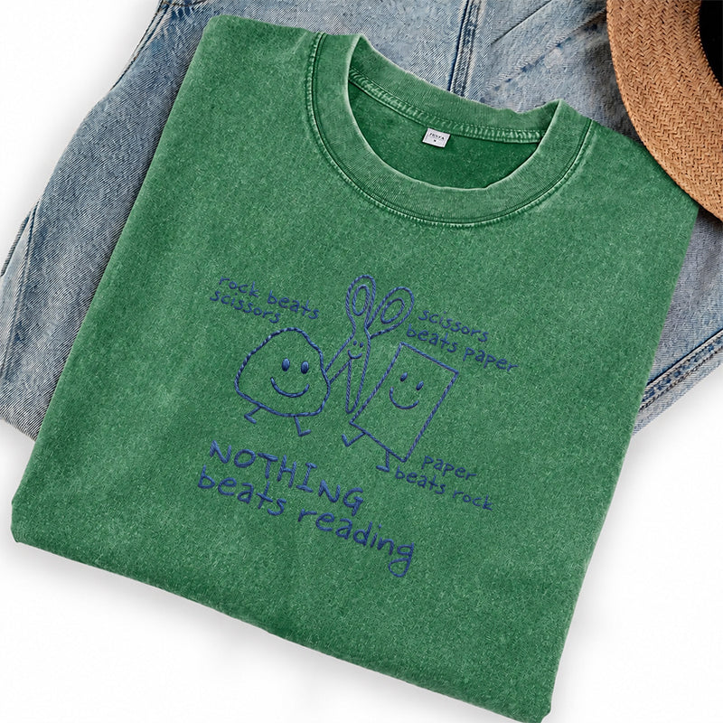 Embroidered Nothing Beats Reading Washed Crew Neck T-Shirt