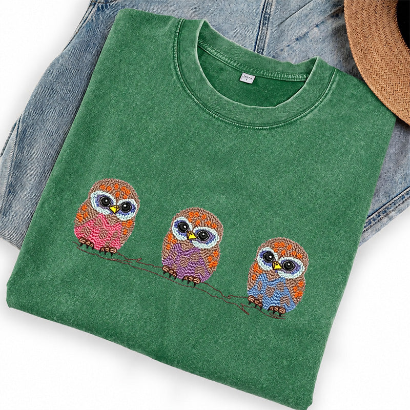 Embroidered Cute Owl Washed Crew Neck T-Shirt