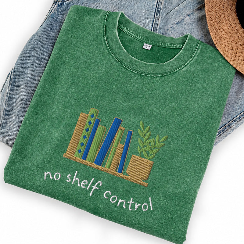 Embroidered No Shelf Control Book Washed Crew Neck T-Shirt