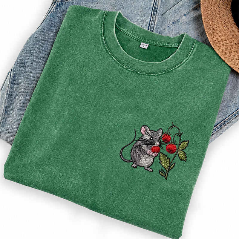 Embroidered Cottagecore Mouse Washed Crew Neck T-Shirt