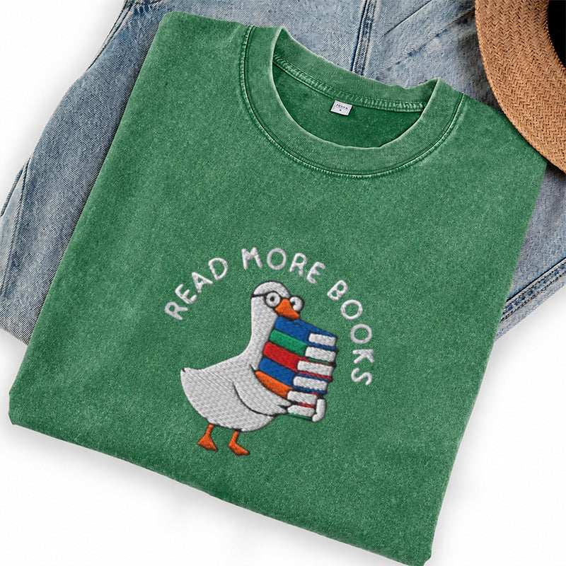 Embroidered Goose Read More Books Washed Crew Neck T-Shirt
