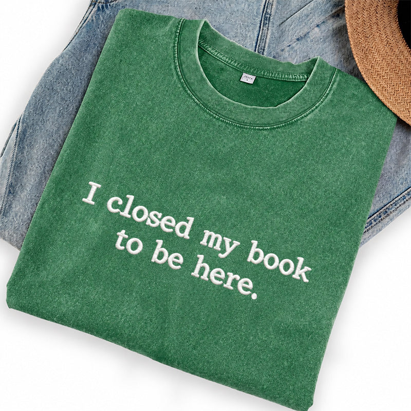 Embroidered Close Book Be Here Washed Crew Neck T-Shirt