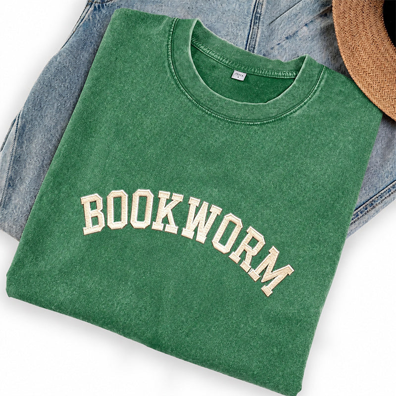 Embroidered Bookworm Washed Crew Neck T-Shirt