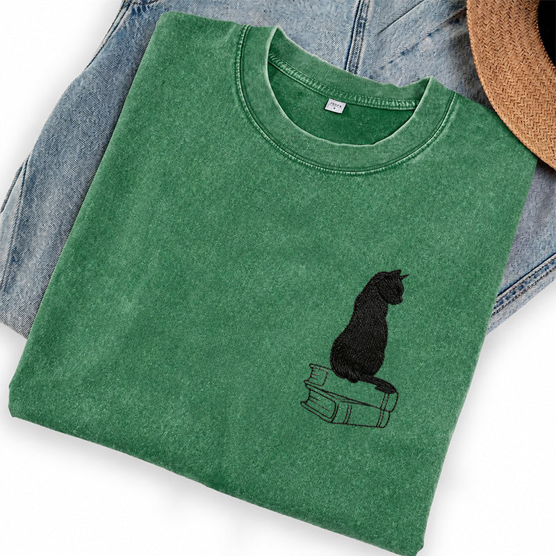 Embroidered Black Cat On Books Washed Crew Neck T-Shirt
