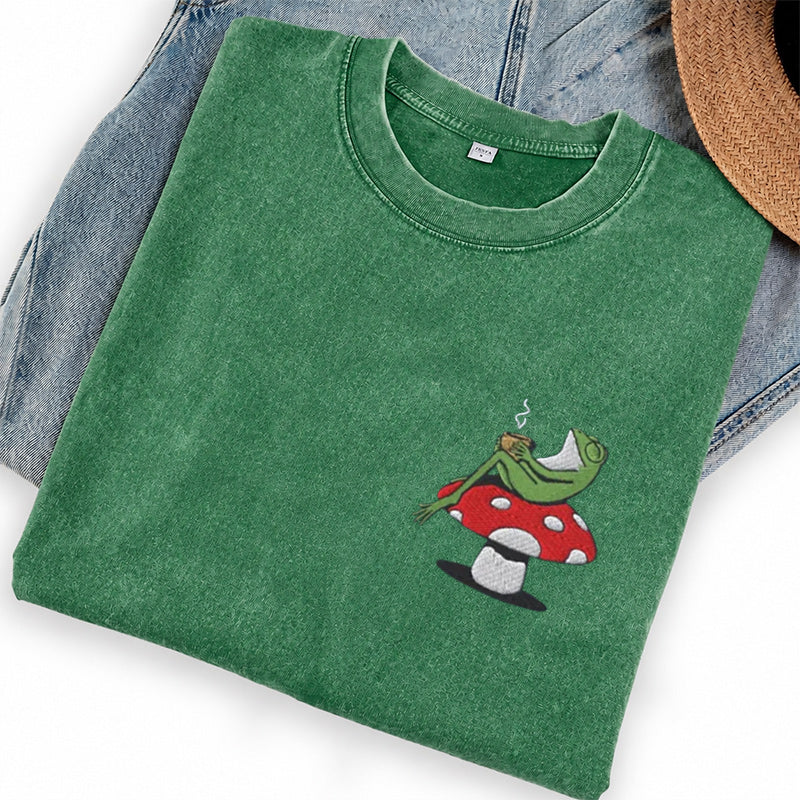 Embroidered Frog Coffee Time Washed Crew Neck T-Shirt
