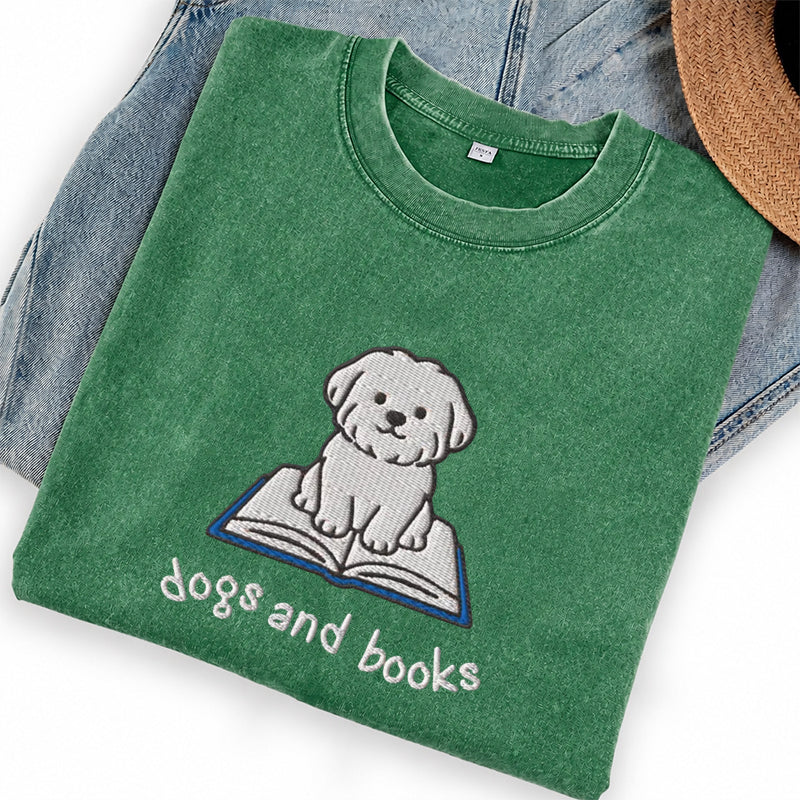 Embroidered Dogs and Books Washed Crew Neck T-Shirt