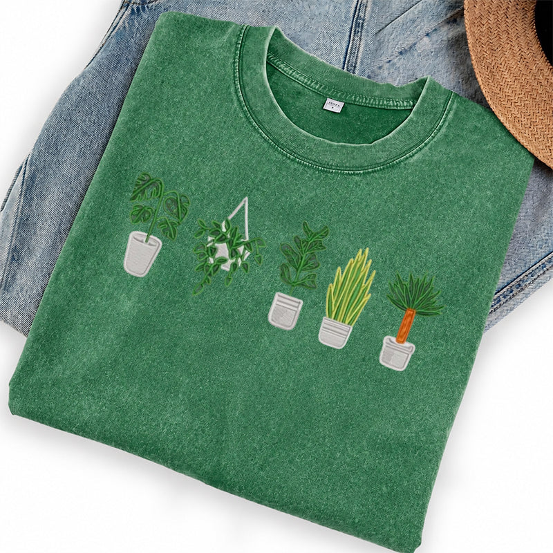Embroidered Houseplant Washed Crew Neck T-Shirt