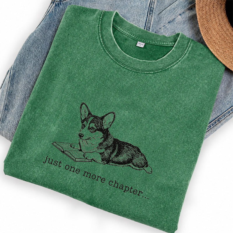 Embroidered One More Chapter Corgi Washed Crew Neck T-Shirt