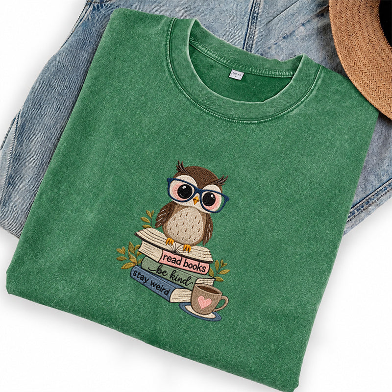 Embroidered Read Books Be Kind Owl Washed Crew Neck T-Shirt