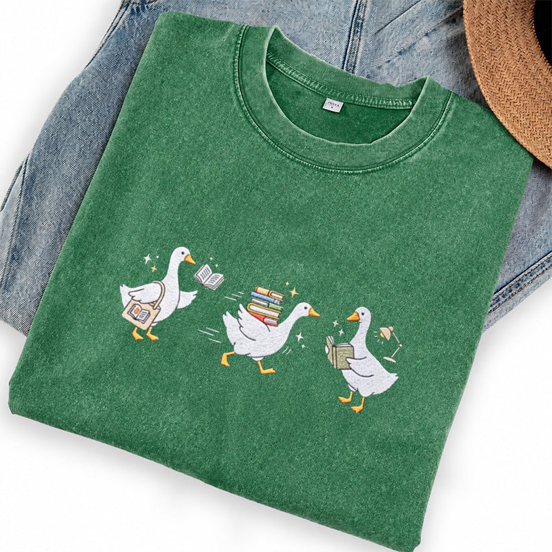 Embroidered Goose Reading Books Washed Crew Neck T-Shirt
