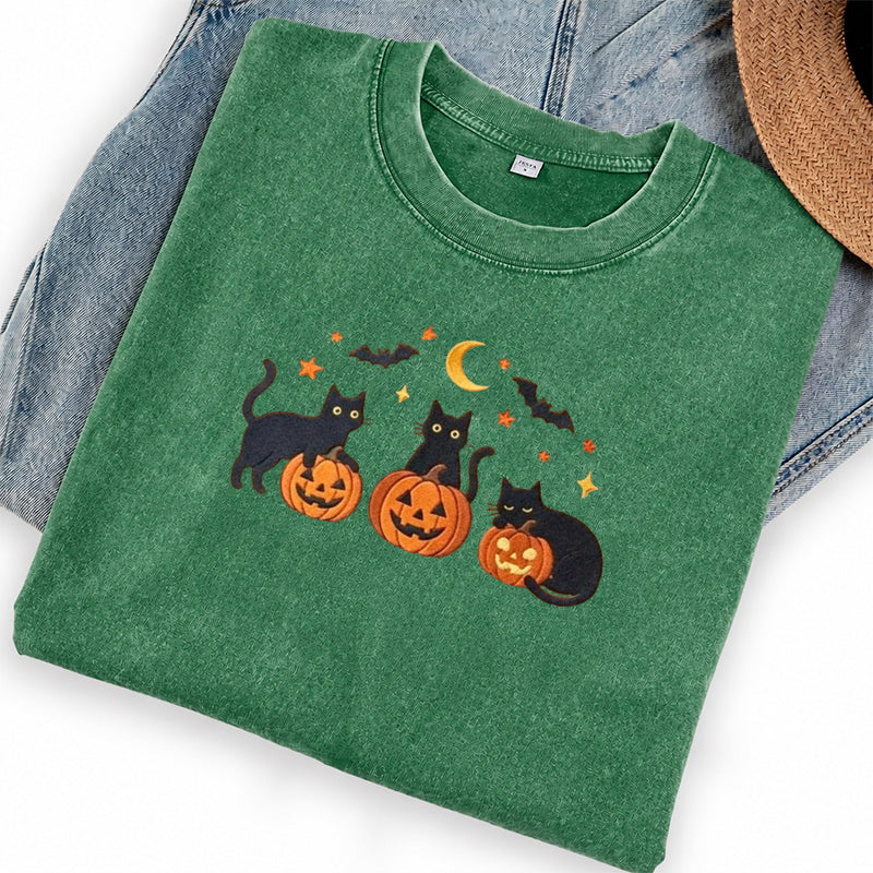 Embroidered Black Cats and Pumpkin Halloween Washed Crew Neck T-Shirt