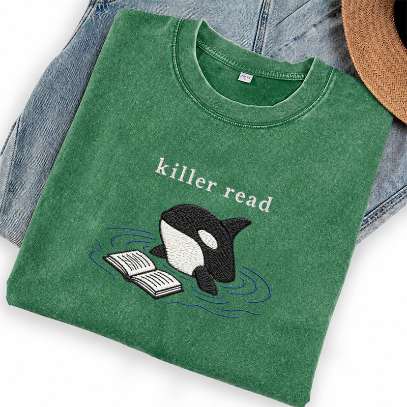 Embroidered Killer Read Orca Washed Crew Neck T-Shirt