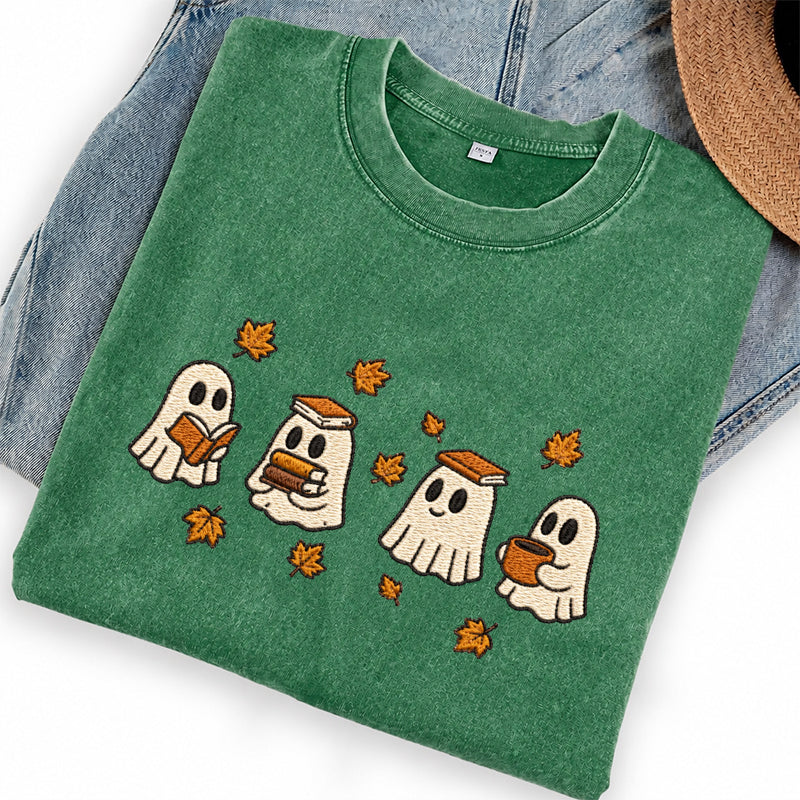Embroidered Autumn Bookish Ghost Washed Crew Neck T-Shirt
