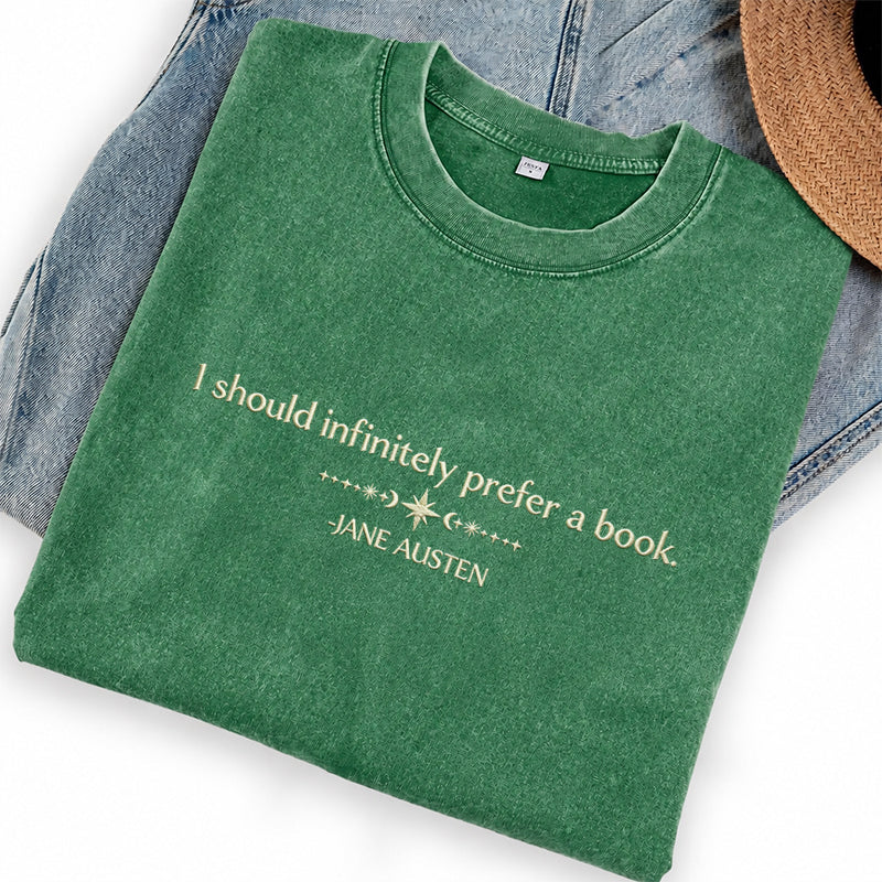 Embroidered Prefer a Book Washed Crew Neck T-Shirt