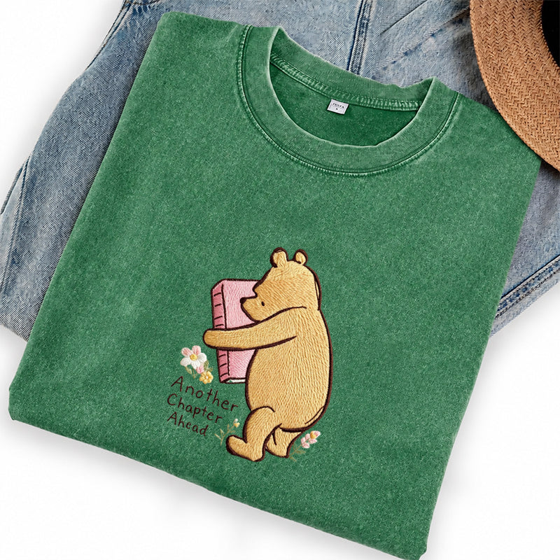 Embroidered Reading Bear Another Chapter Washed Crew Neck T-Shirt