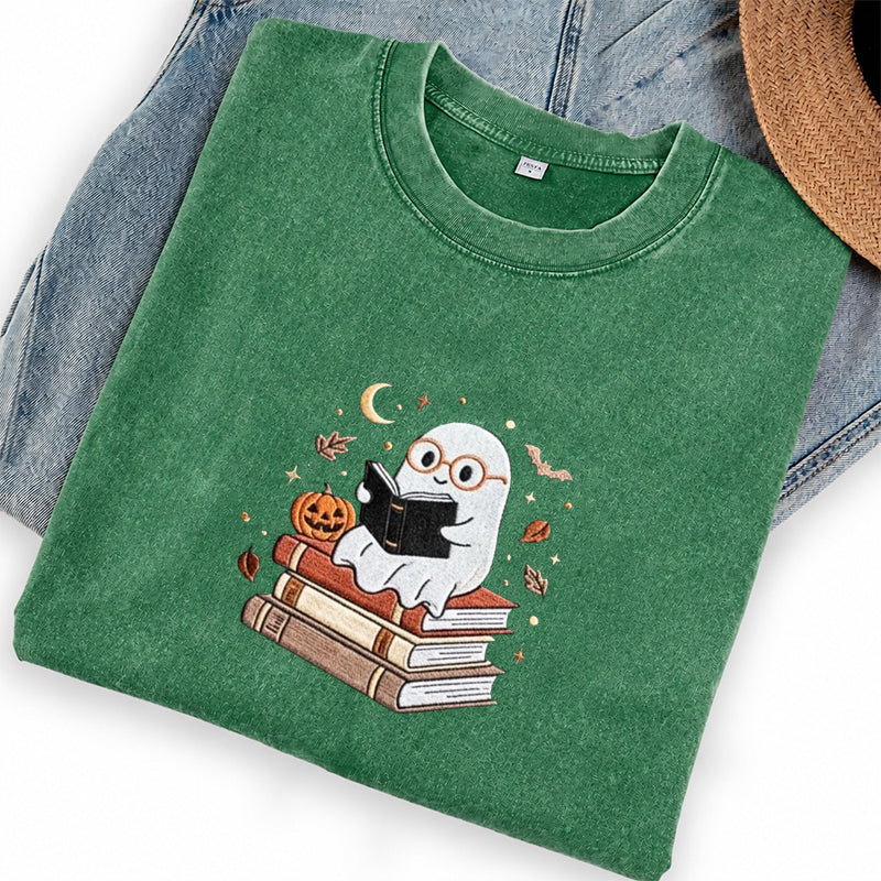 Embroidered Ghost Reading Books Washed Crew Neck T-Shirt