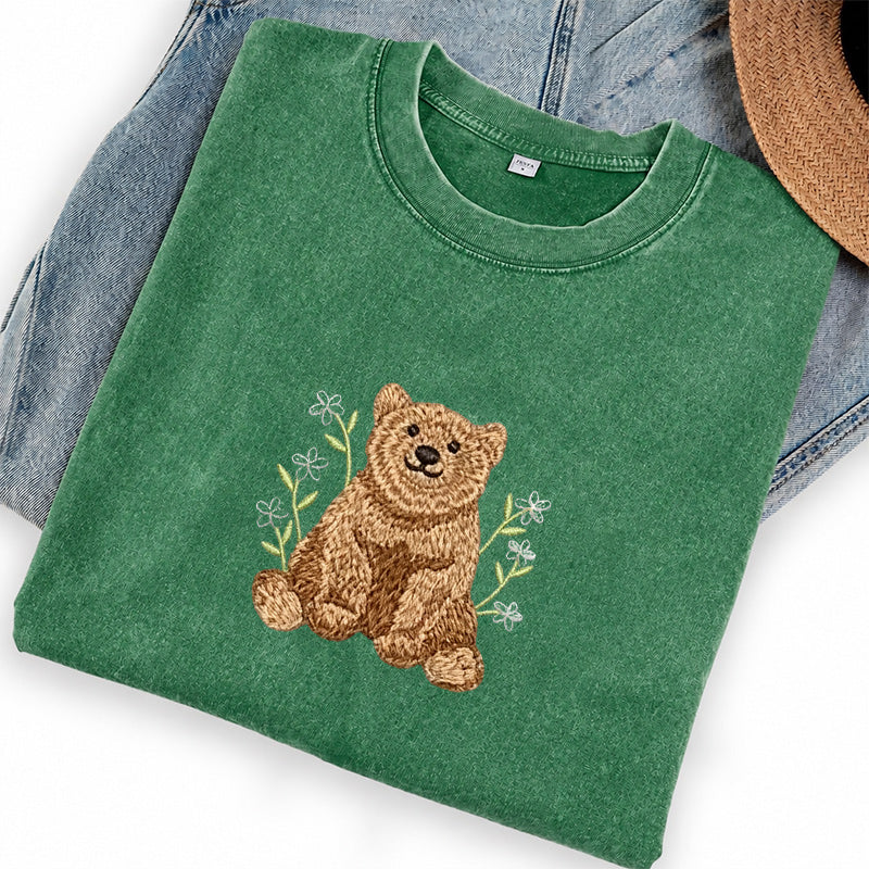 Embroidered Floral Bear Washed Crew Neck T-Shirt