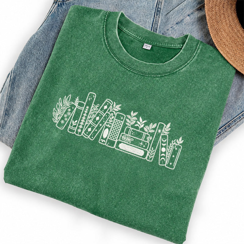 Embroidered Flower Book Washed Crew Neck T-Shirt