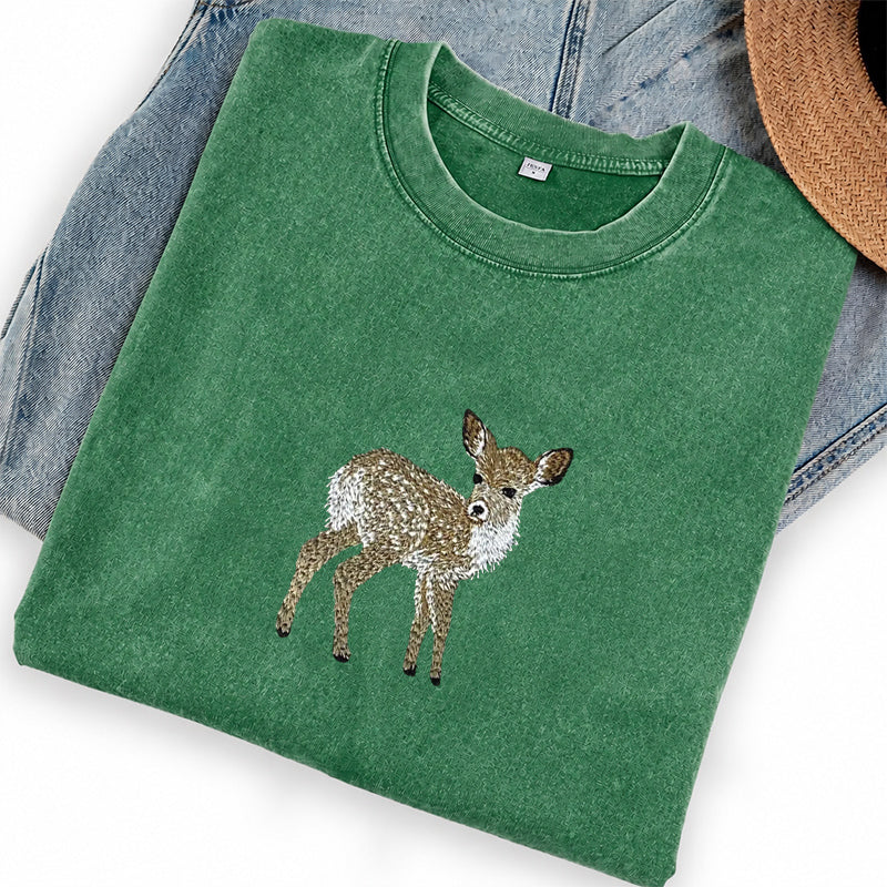 Embroidered Forest Deer Washed Crew Neck T-Shirt