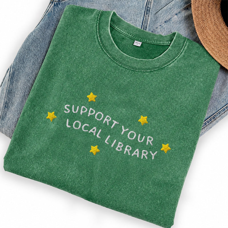 Embroidered Support Your Local Library Washed Crew Neck T-Shirt