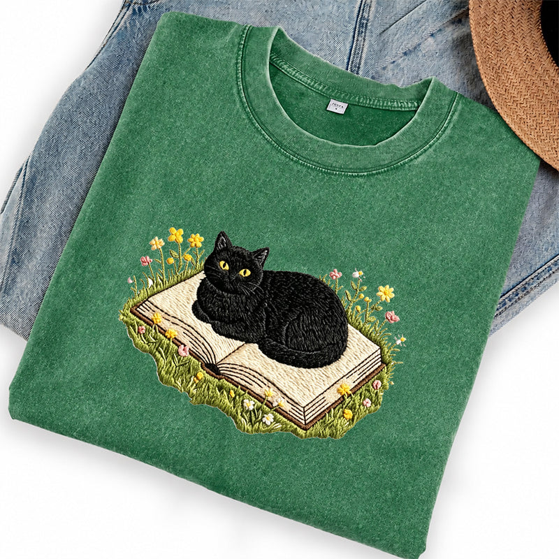 Embroidered Black Cat Book Washed Crew Neck T-Shirt