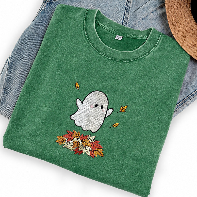 Embroidered Fall Ghost Washed Crew Neck T-Shirt