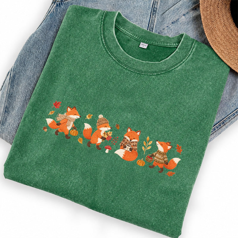 Embroidered Fall Fox Washed Crew Neck T-Shirt