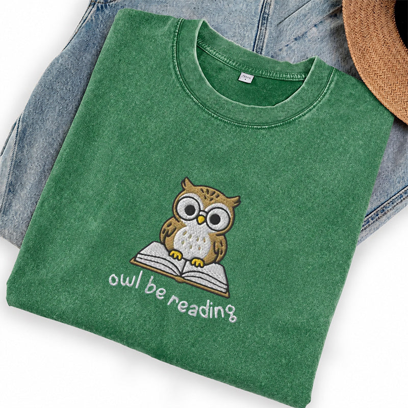 Embroidered Owl Be Reading Washed Crew Neck T-Shirt