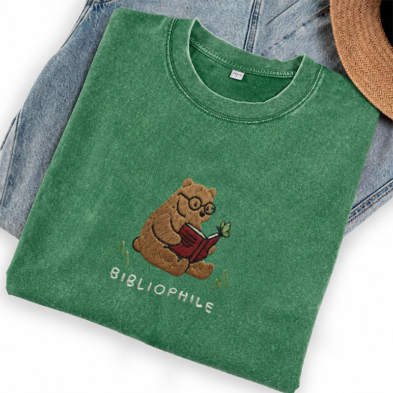 Embroidered Reading Bear Washed Crew Neck T-Shirt