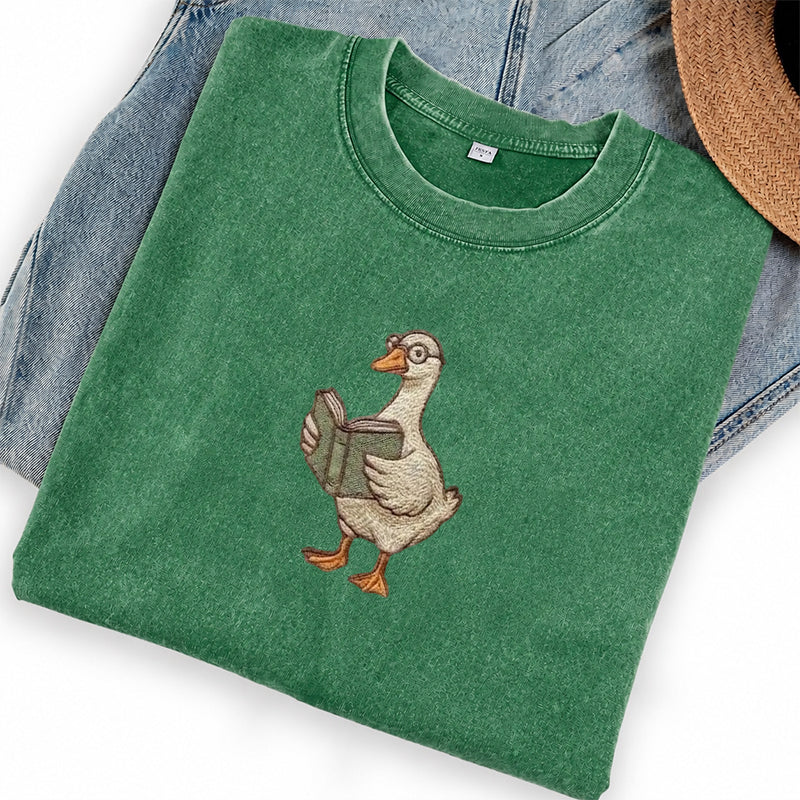Embroidered Reading Goose Washed Crew Neck T-Shirt
