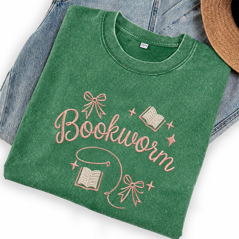 Embroidered Funny Bookworm Washed Crew Neck T-Shirt