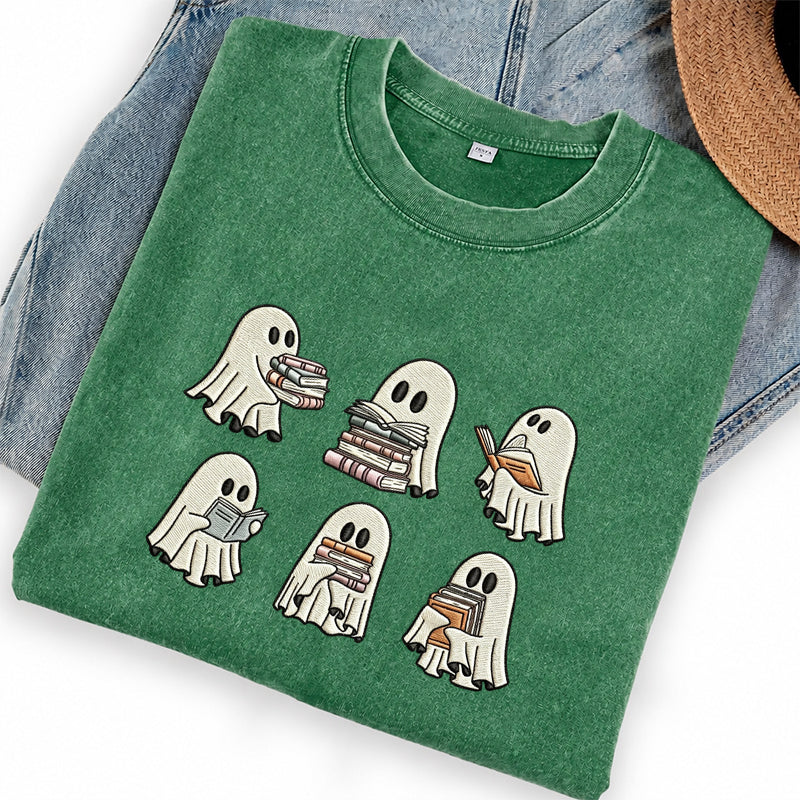 Embroidered Halloween Ghost Book Washed Crew Neck T-Shirt