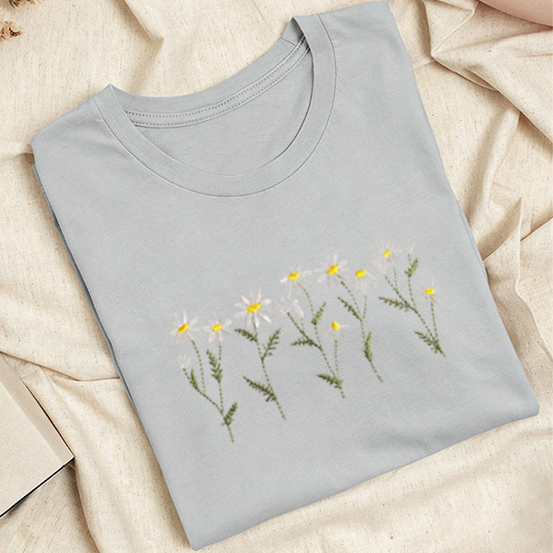Embroidered Daisy Classic Adult Unisex Crew Neck T-Shirt