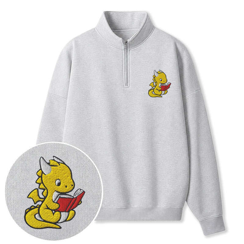 Embroidered Dragon Reading Books Classic Quarter Zip Sweatshirt