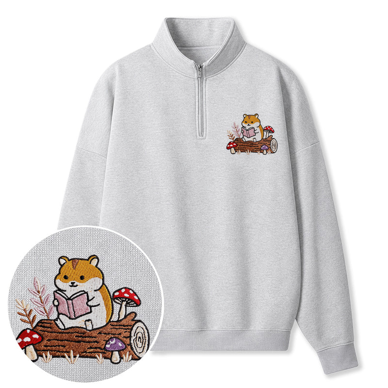 Embroidered Hamster Reading Books Classic Quarter Zip Sweatshirt